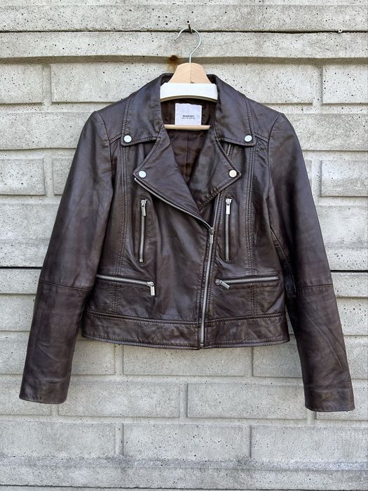 Brązowa skórzana kurtka, ramoneska Mango, 100% skóra owcza, rozmiar M