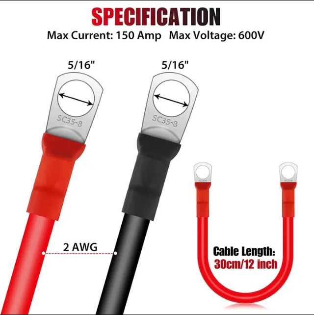 Кабель 2AWG М10 30см медный для инвертора и акб,автомобиля , перемычка