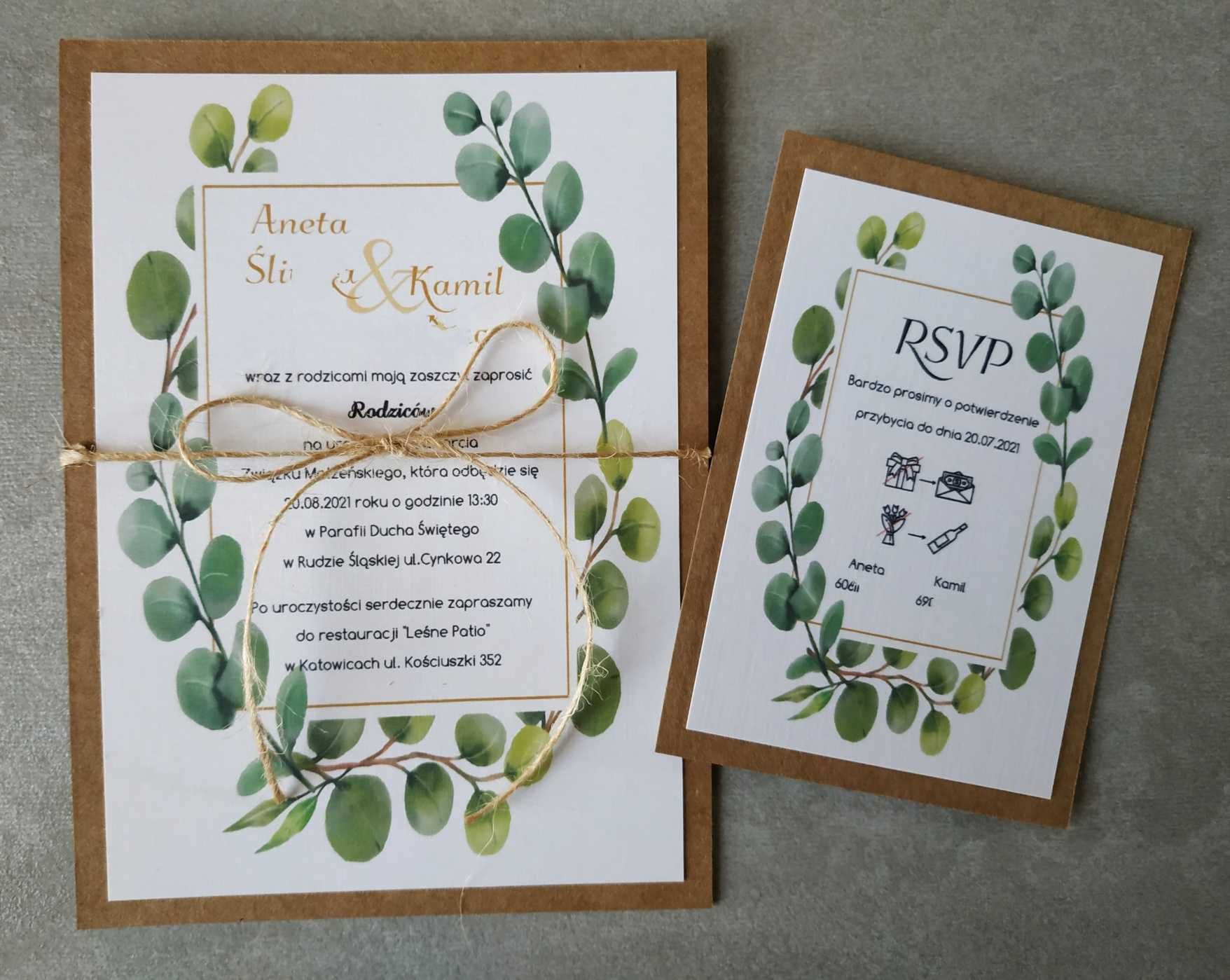 Zaproszenia ślubne A6 + A7 rustykalne liście zielone green eukaliptus