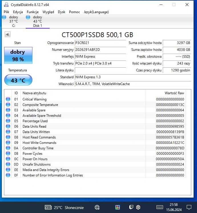 Dysk SSD Crucial P1 500 GB M.2 PCIe karta PCIe