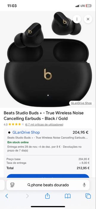 Phone beats na cor dourada