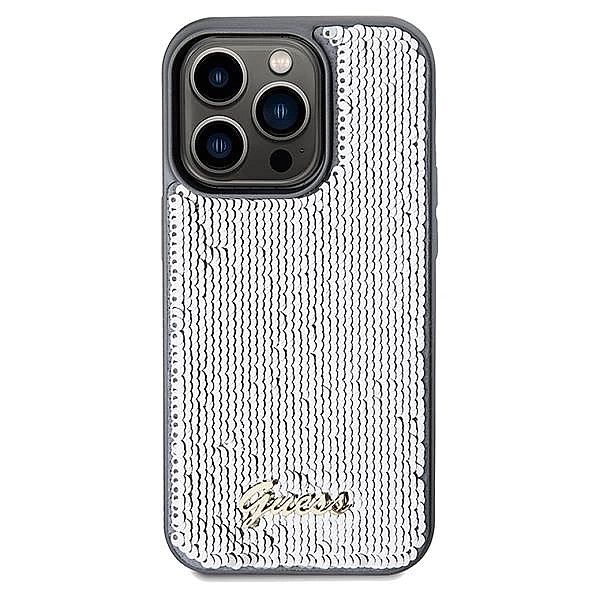 Etui Guess Sequin Script Metal na iPhone 14 Pro - srebrne