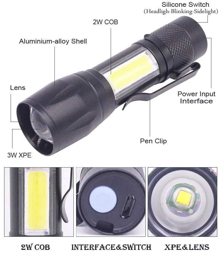Тактический фонарик аккумуляторный + USB зарядка Zoom влагозащищен