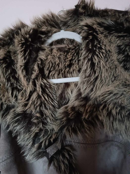 Płaszcz futro futerko ecru brązowe vintage retro boho L 40
