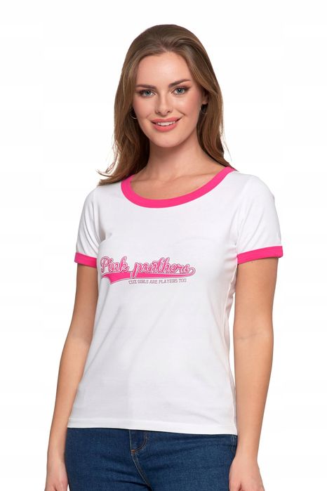 T-Shirt Koszulka Damska Bawełna Slim Z Napisami Biało-Różowy Moraj Xxl