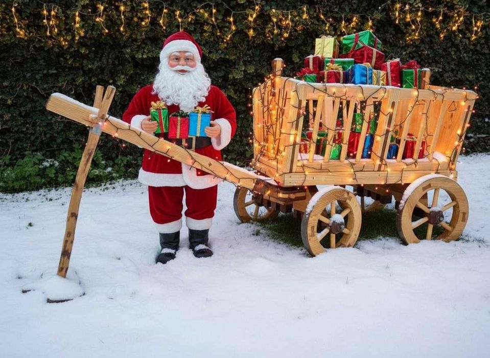 Drewniany wózek ogrodowy – dekoracja ogrodu, restauracji, studia foto