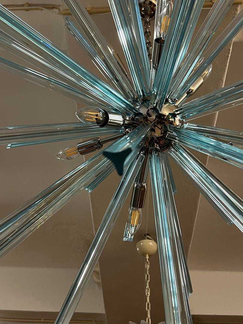 Lustre Sputnik 9 Lumes Vidro Azul e Metal Cromado - Itália Séc. XXI