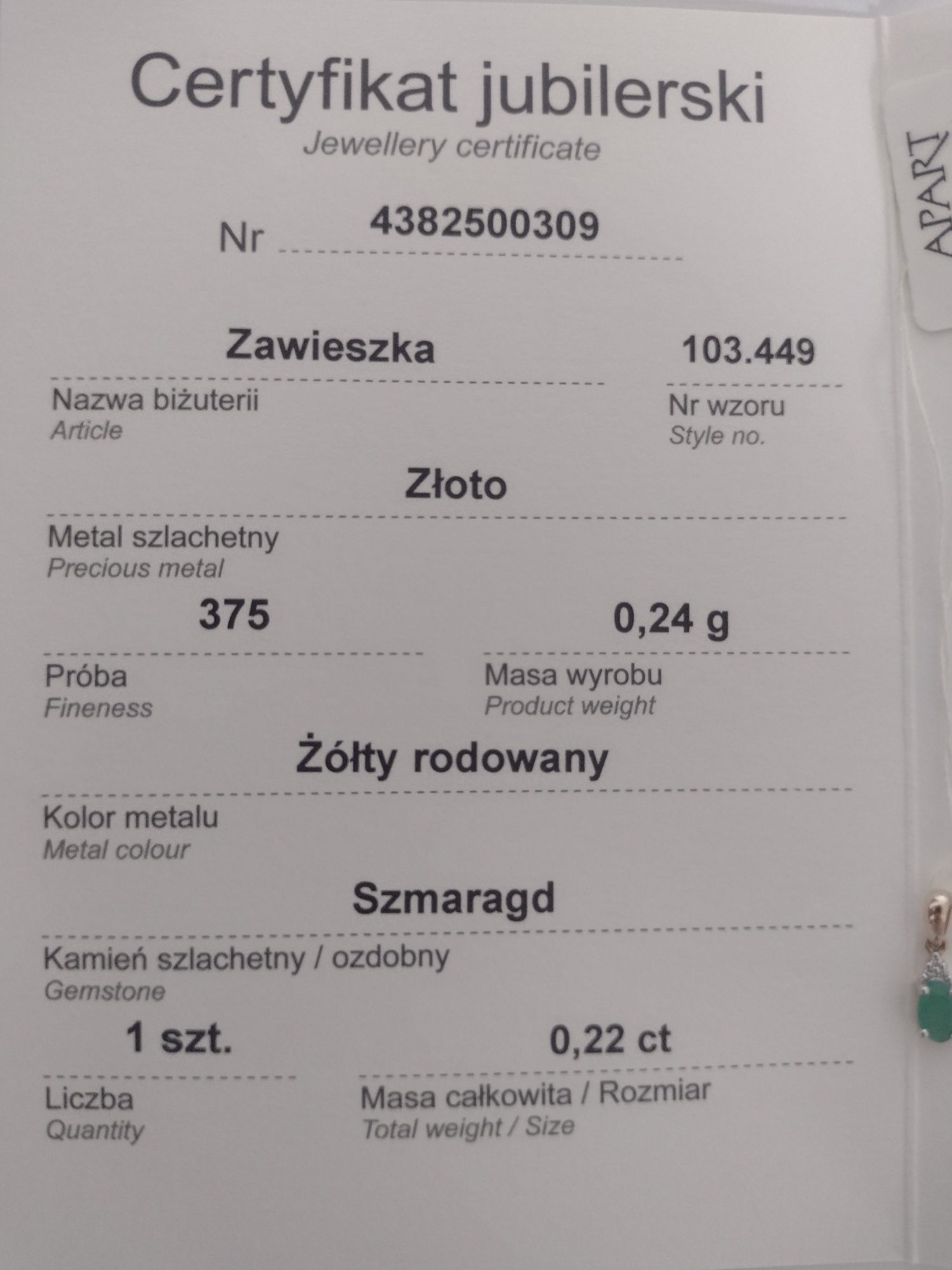 Zawieszka złota ze szmaragdem Apart