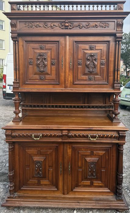 Francuski kredens eklektyczny LITY DĄB UNIKAT 1920 r WITRYNA XXL ANTYK