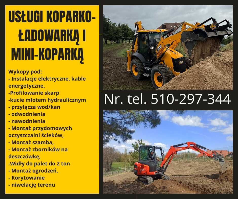 Usługi Koparko-ładowarką JCB, Mini-koparką Kubota 2,7 tony