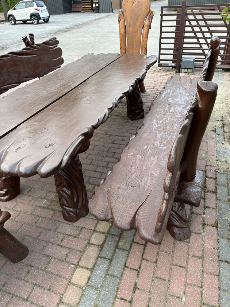 Stół z ławkami i krzesłami ,meble ogrodowe,dębowe rzeźbione.