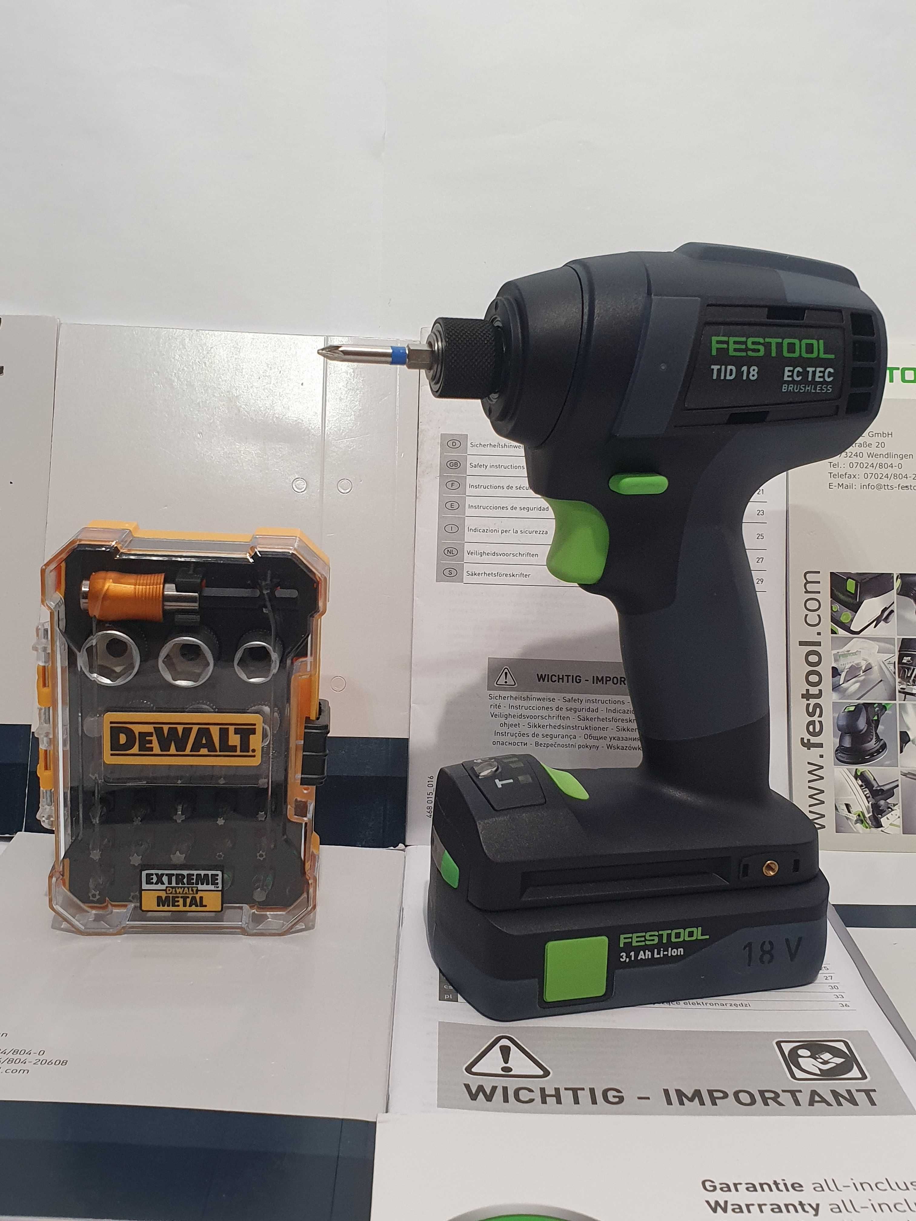 Super zestaw FESTOOL TID 18 zakrętarka udar +aku 18v 3,1Ah bity DEWALT