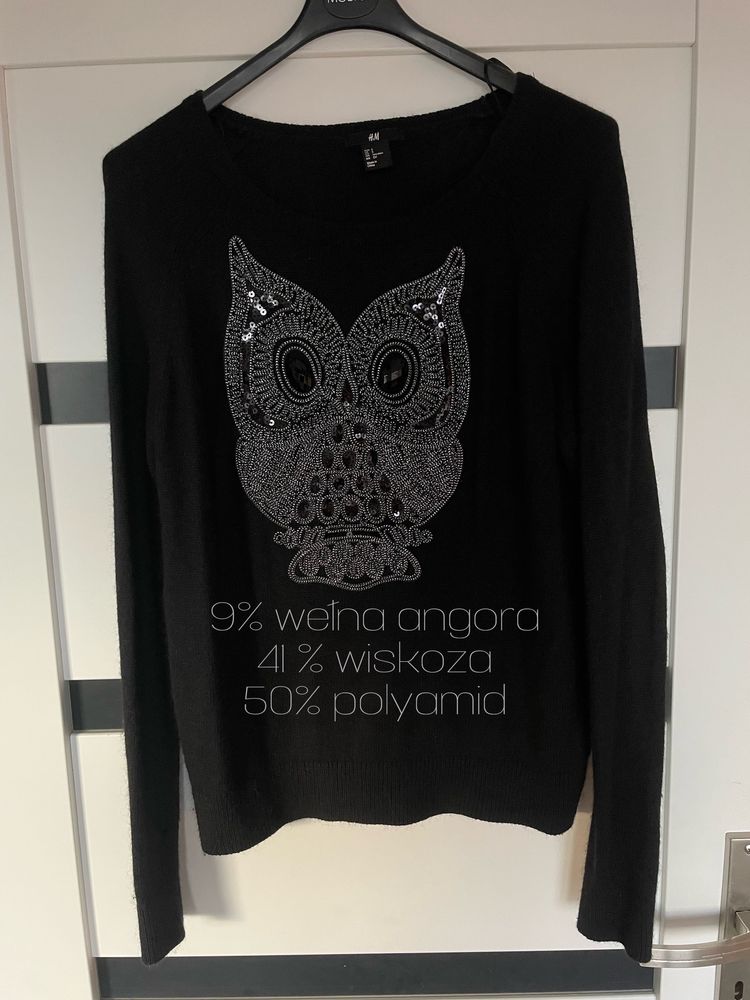 Sweter sweterek przez głowę miękki ciepły sowa damski cyrkonie