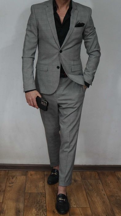 Garnitur H&M Rozmiar 46 i 52 Skinny Fit Kolor Szary Krata