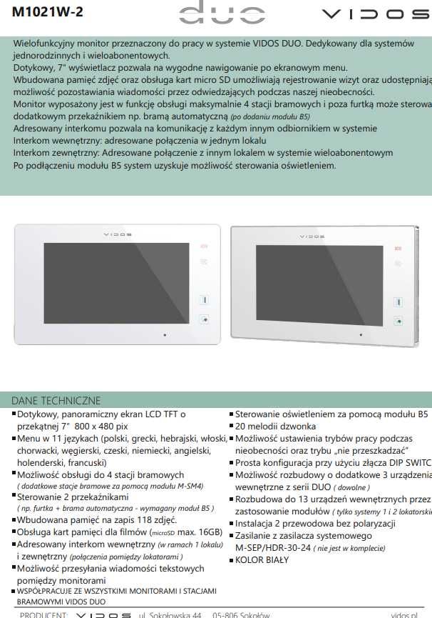 VIDOS DUO M1021W-2 Monitor wideodomofonu Domofon