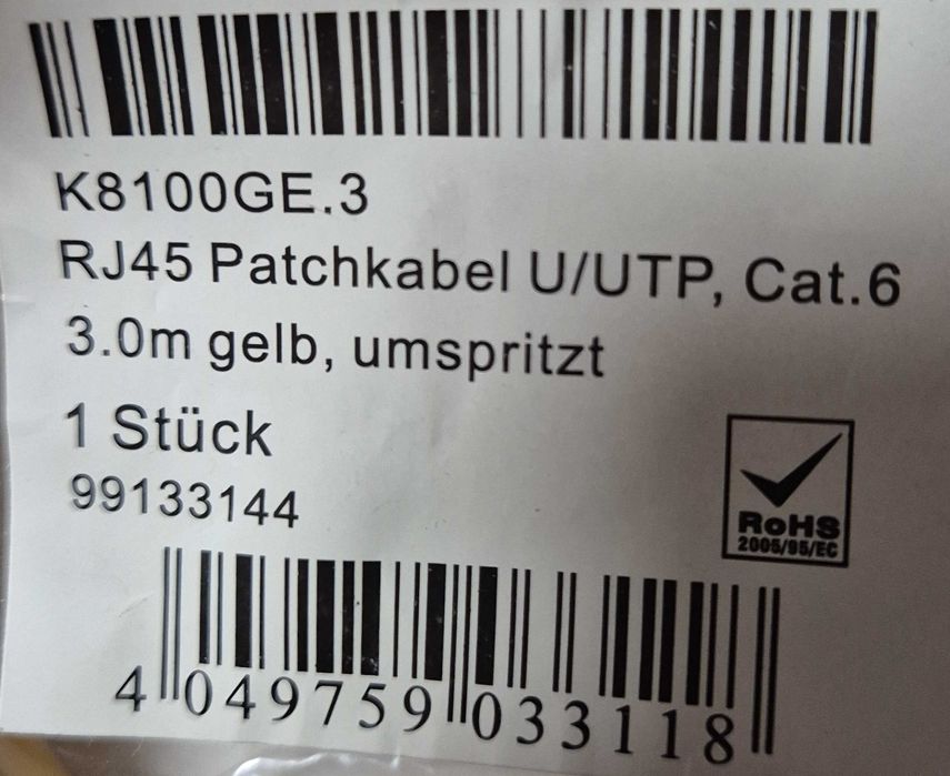 Cabo Ethernet cat.6 3 metros EFB-Elektronik amarelo NOVO