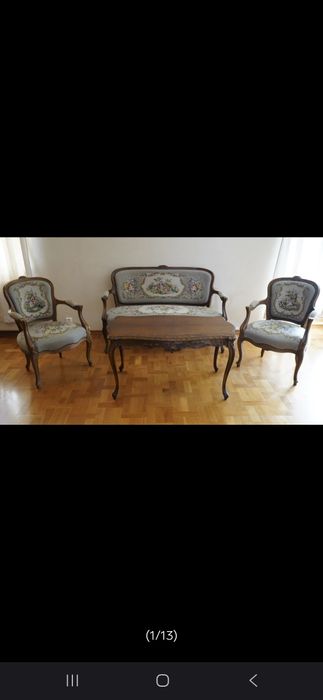 „Retro zestaw salonowy – 1968, sofa, 2 fotele i stół – styl neorokoko