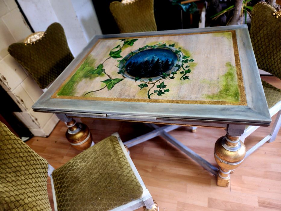 Stół rozkładany komplet krzesła ręcznie malowany unikat