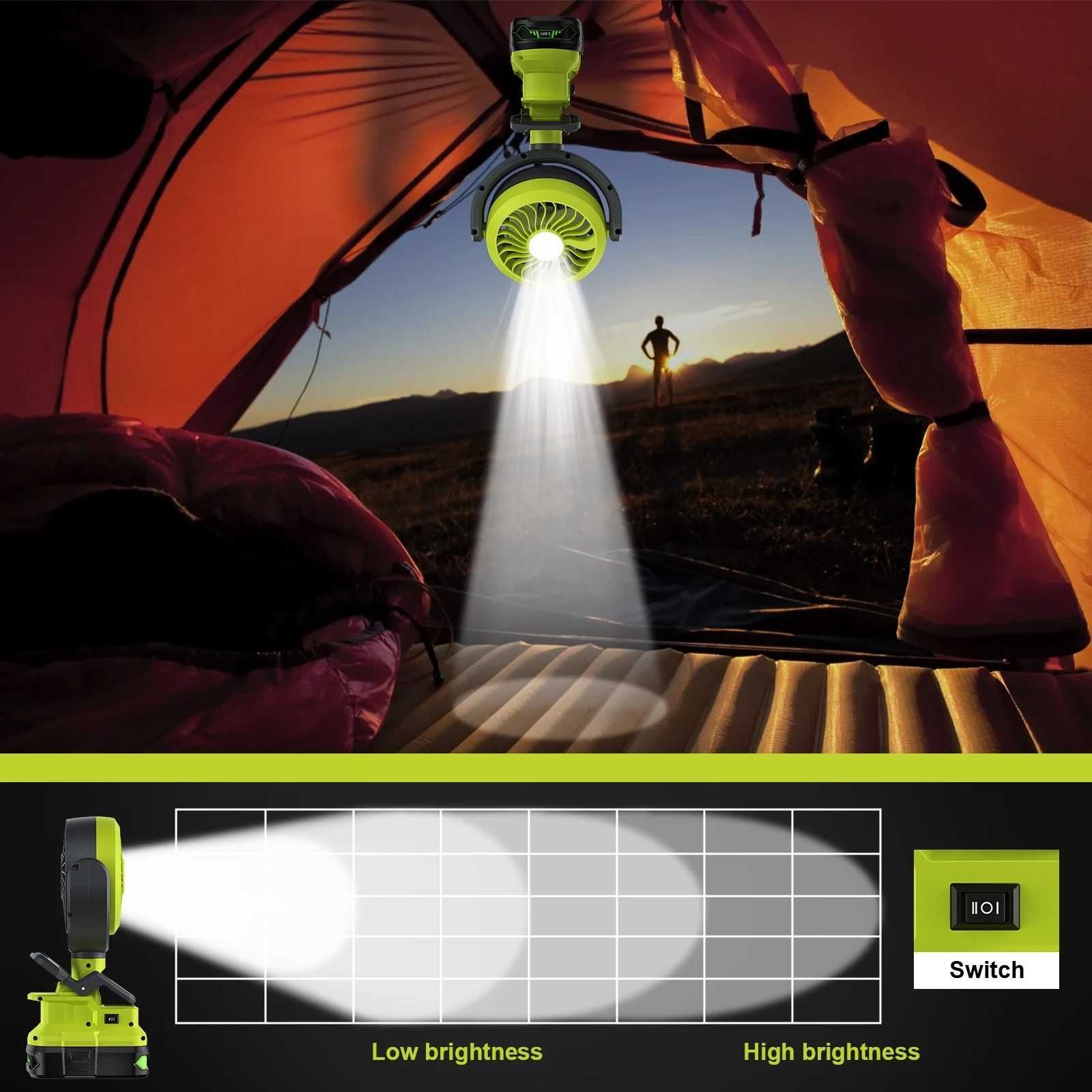 Przenośny Wentylator z Lampą LED Ryobi 18V 2 Prędkości i Tryby Jasność