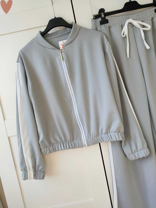 Komplet dres spodnie wide leg na wysokim stanie popiel dzianina M L