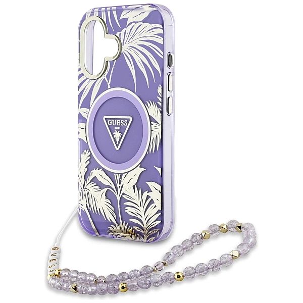 Etui Guess Palm Trees Triangle Pearl Strap MagSafe do iPhone 16 fiolet