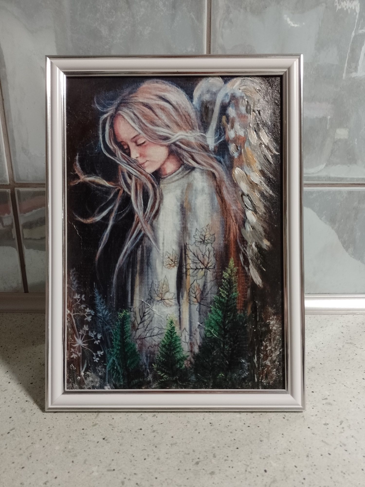 Aniołek pamiątka komunia chrzest obrazek w ramce23x32