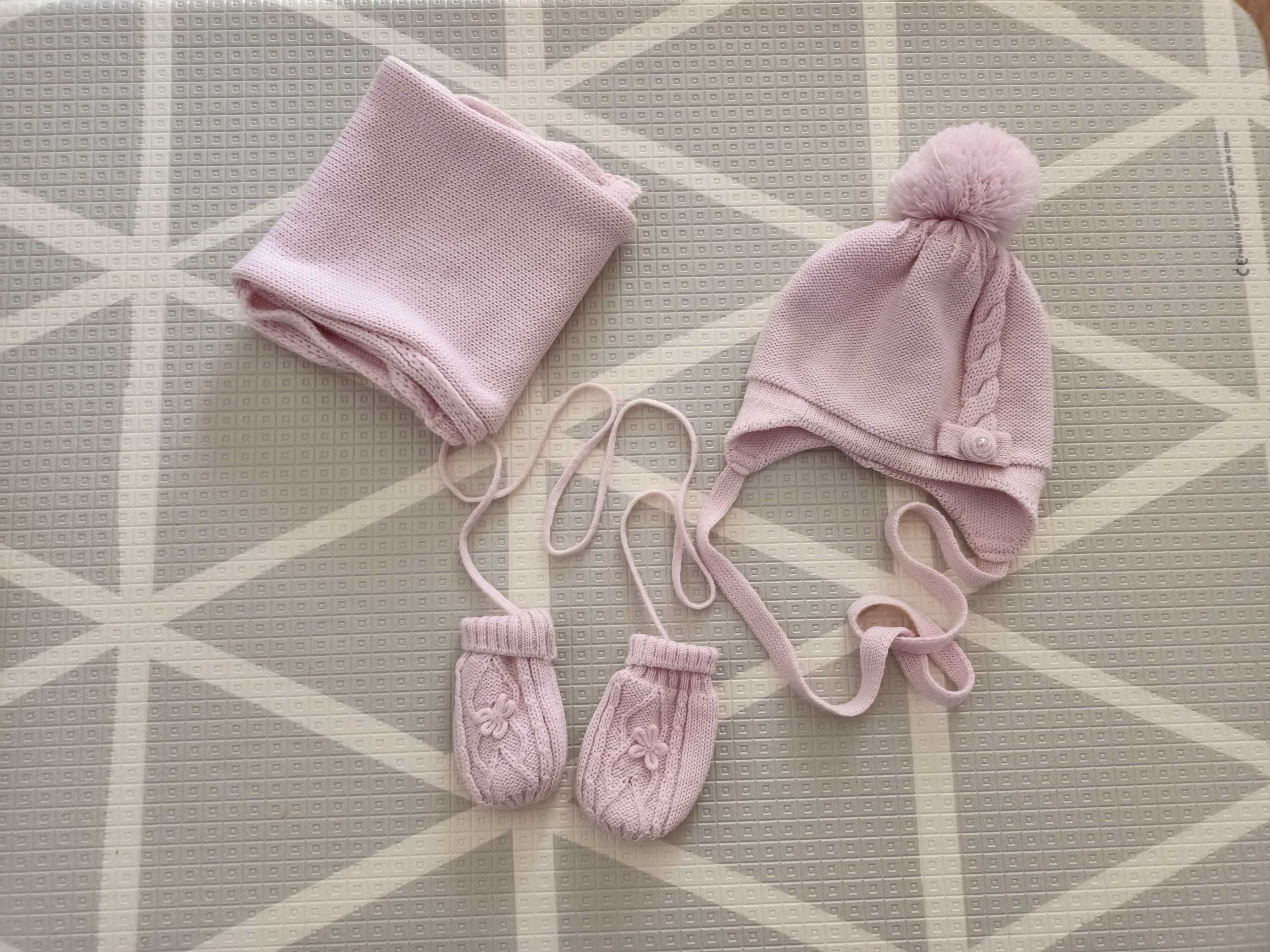 Barbaras komplet czapka szalik rękawiczki wełniane różowe 38-40