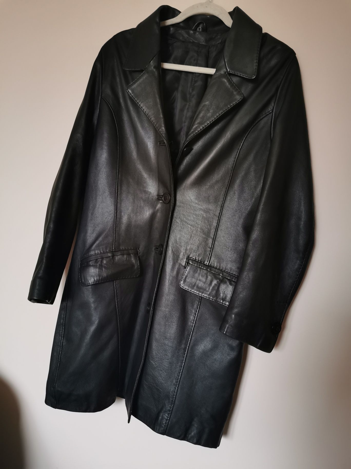 Płaszcz skórzany skóra naturalna czarna kurtka L 40 vintage boho retro