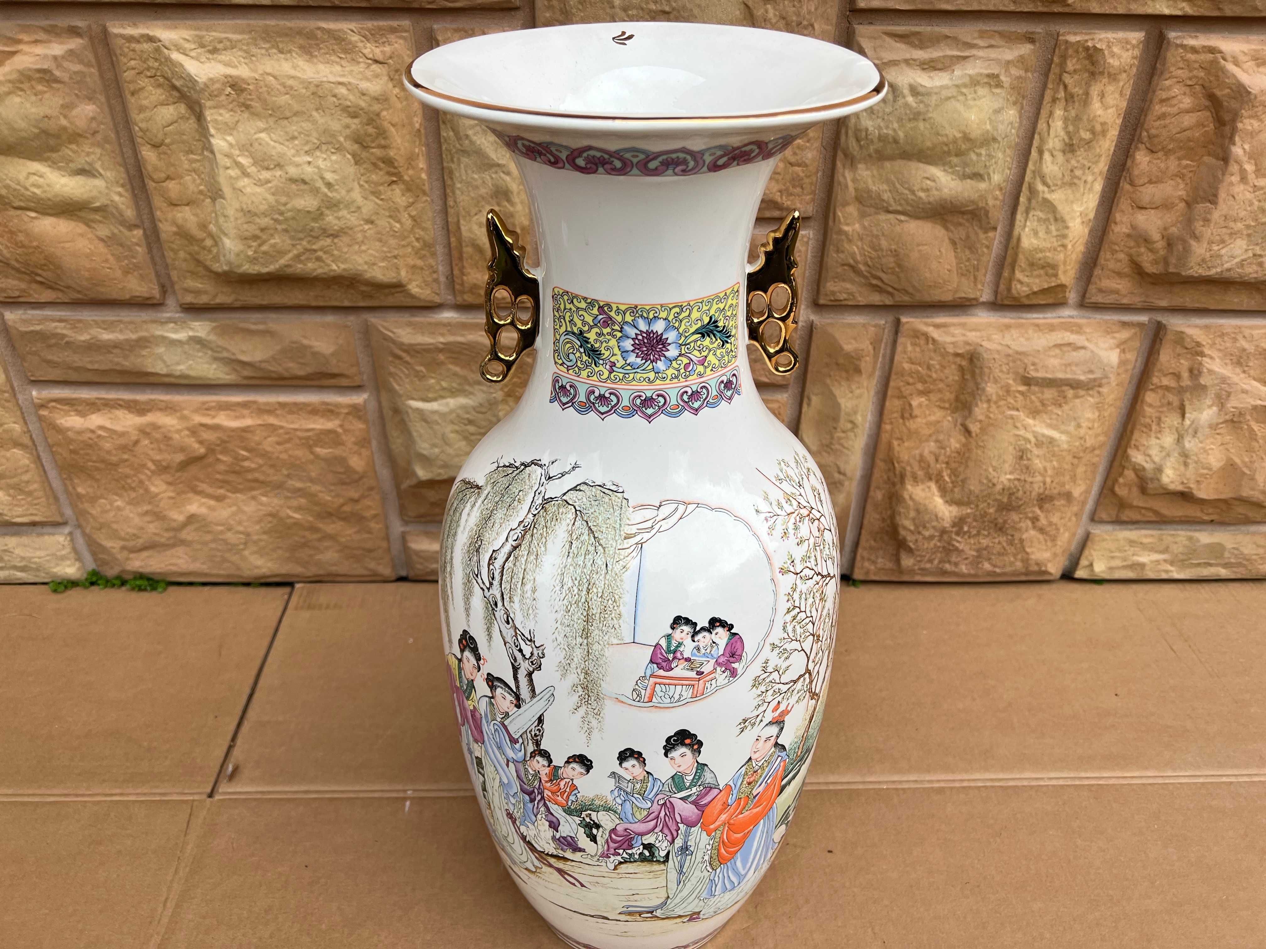 Wielki Wazon Na Kwiaty Porcelana Chiny Sygnowany Malowany Vintage B516