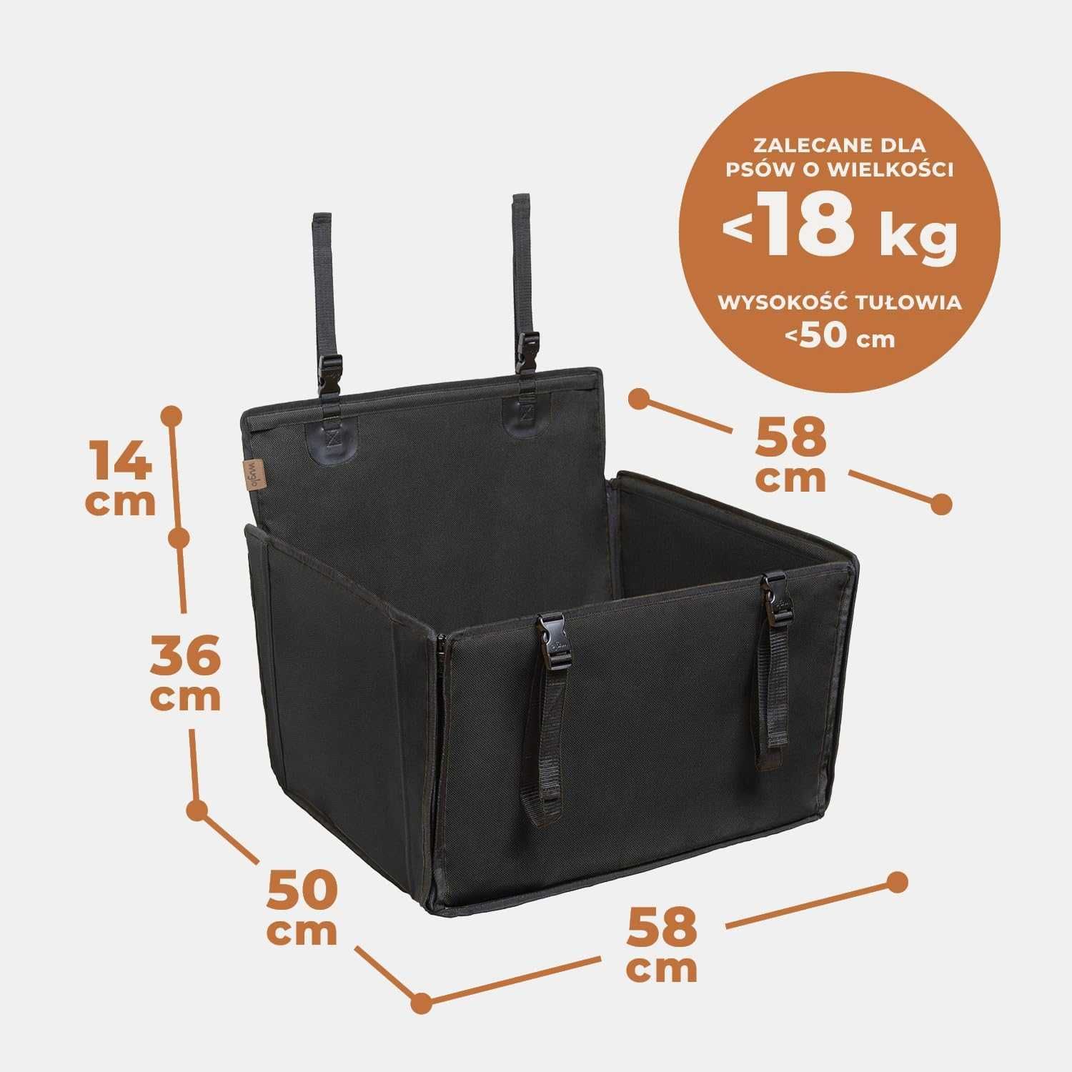 Stabilne siedzisko dla psa do auta – 58×50×50 cm, pas bezpieczeństwa