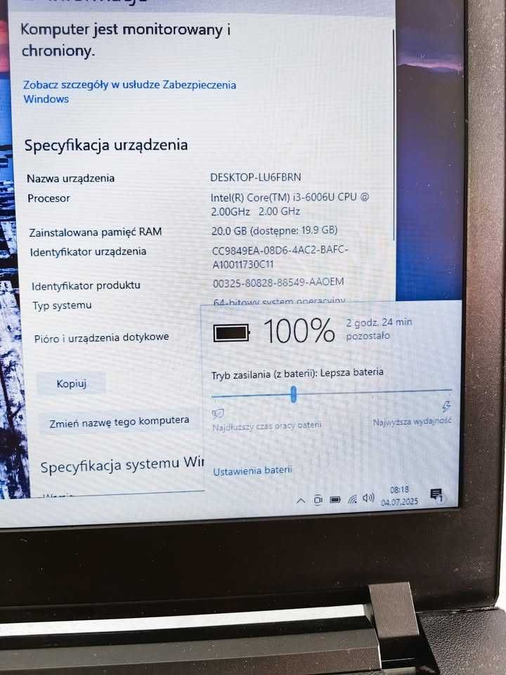 Laptop Lenovo i3 20gb ram SSD win 10 bateria Stan BDB mogę podwieźć