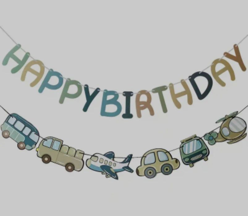 Urodzinowa girlanda niebieska Happy birthday z motywem pojazdów