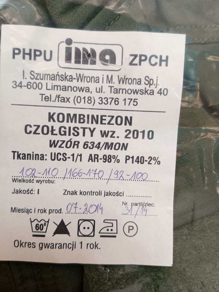 Kombinezon czołgisty 634/MON -Nowy -L/XS