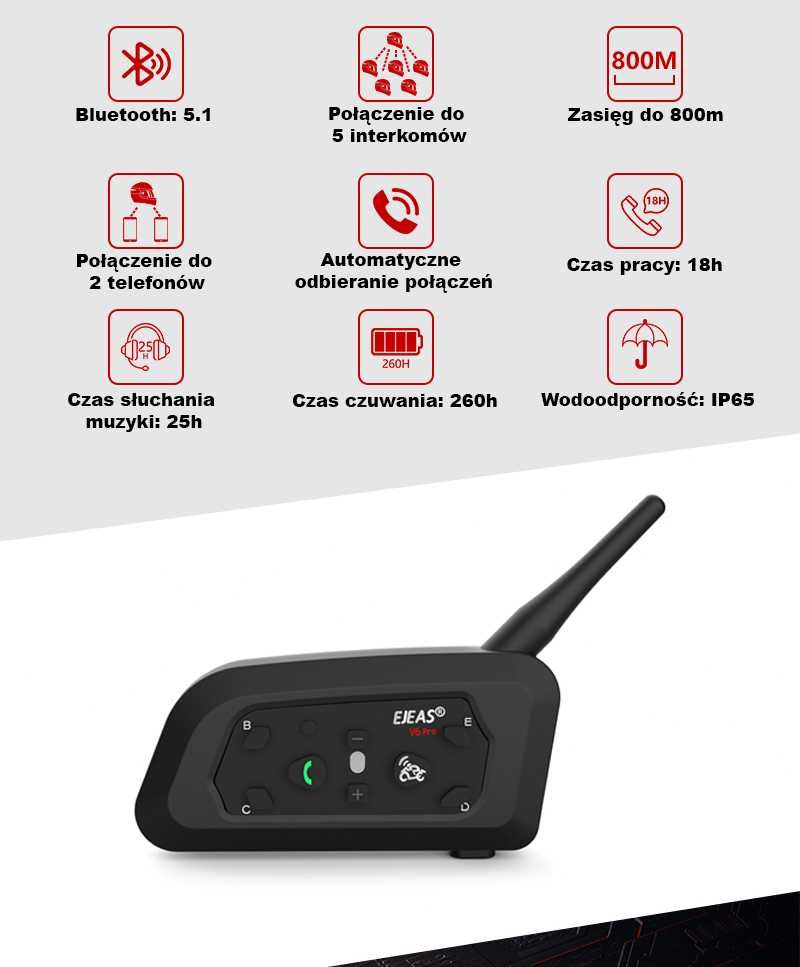 INTERKOM MOTOCYKLOWY V6 PRO 1200m fvat 23% interkomy firma