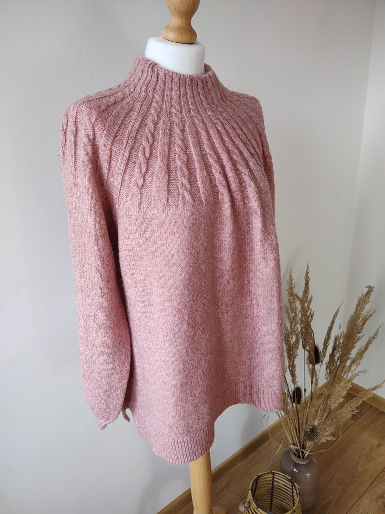 Różowy sweter półgolf, warkocze, C&A rozmiar XL/XXL oversize