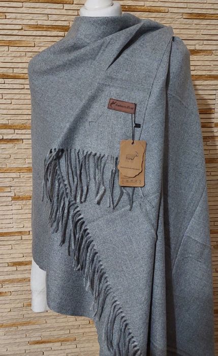 Piękny szal 50%kaszmir 50% wełna duży rozmiar 200x70 cm szary melanż