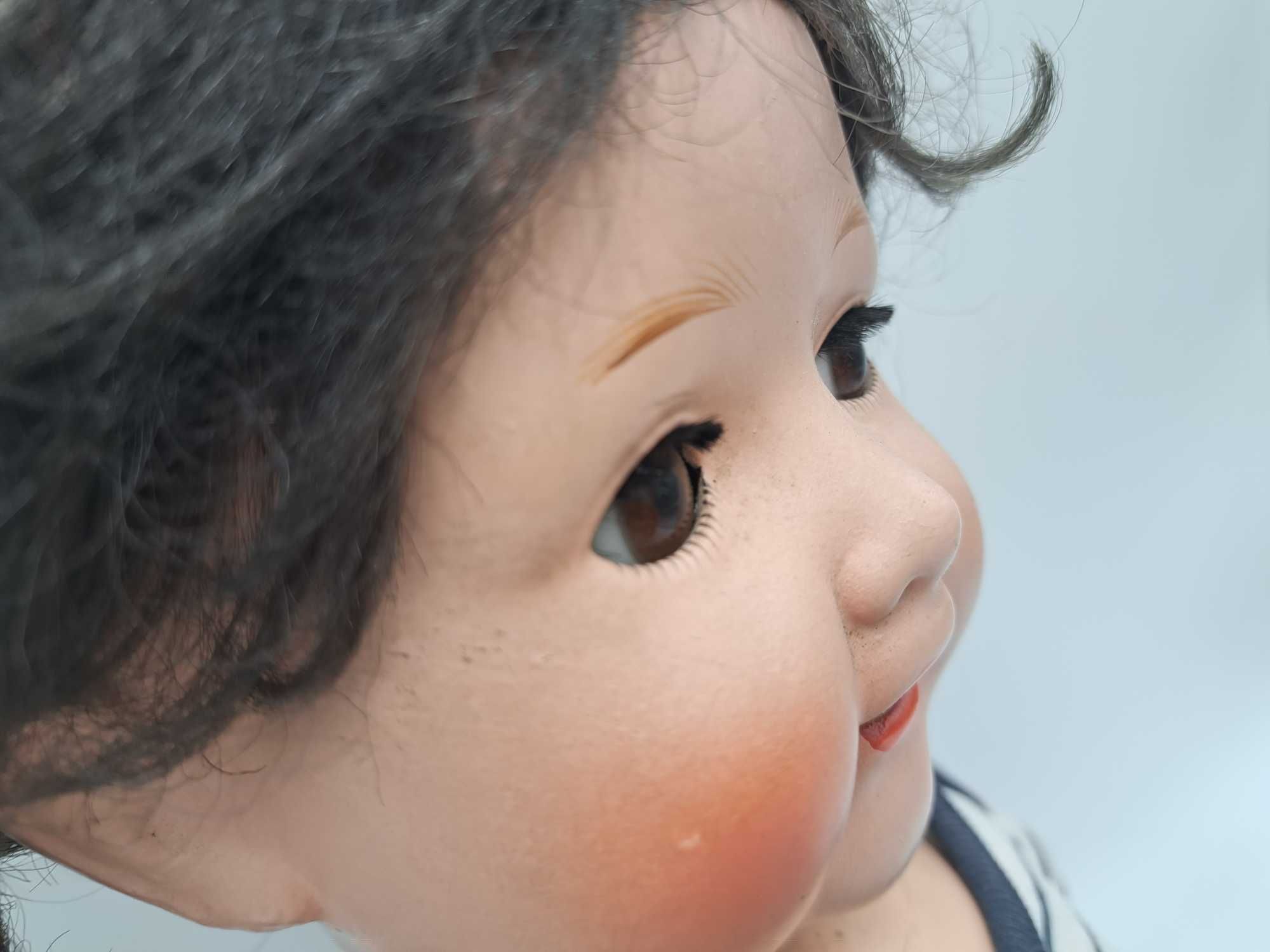 Stara lalka porcelanowa papier mache powieki naturalne rzęsy włosy