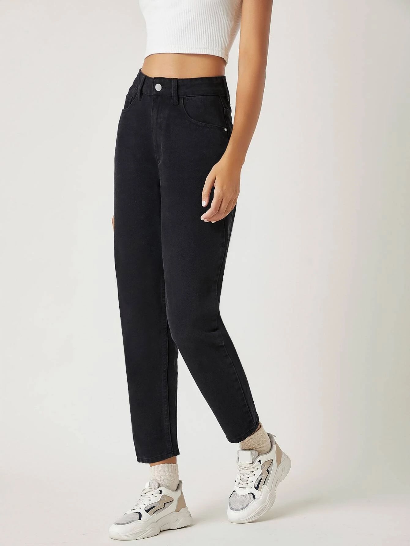 Shein Jeansy Mom Cropped Z Wysokim Stanem Czarne