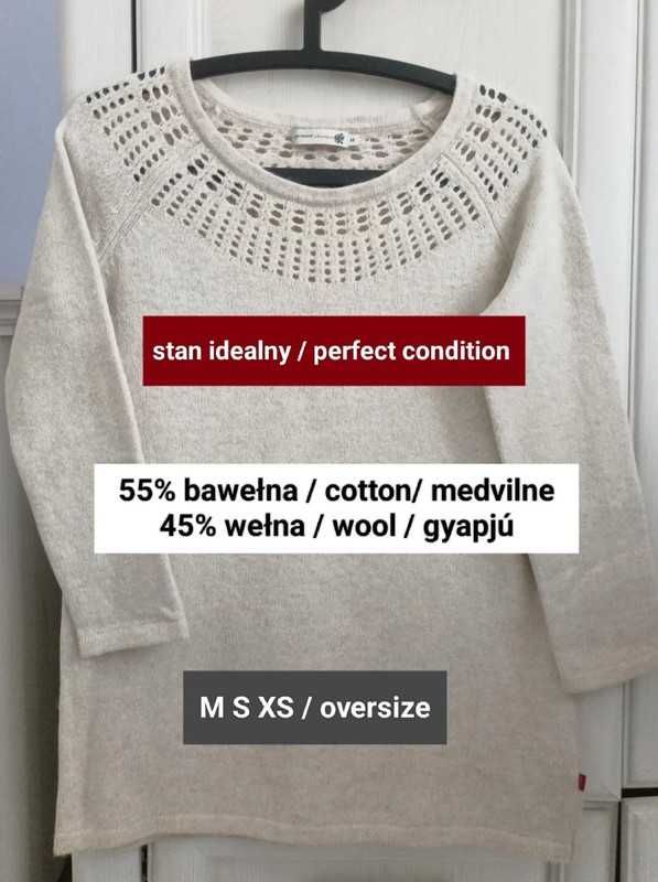 XS S M oversize lekki wiosenny sweter ażur 100% bawełna wełna petite