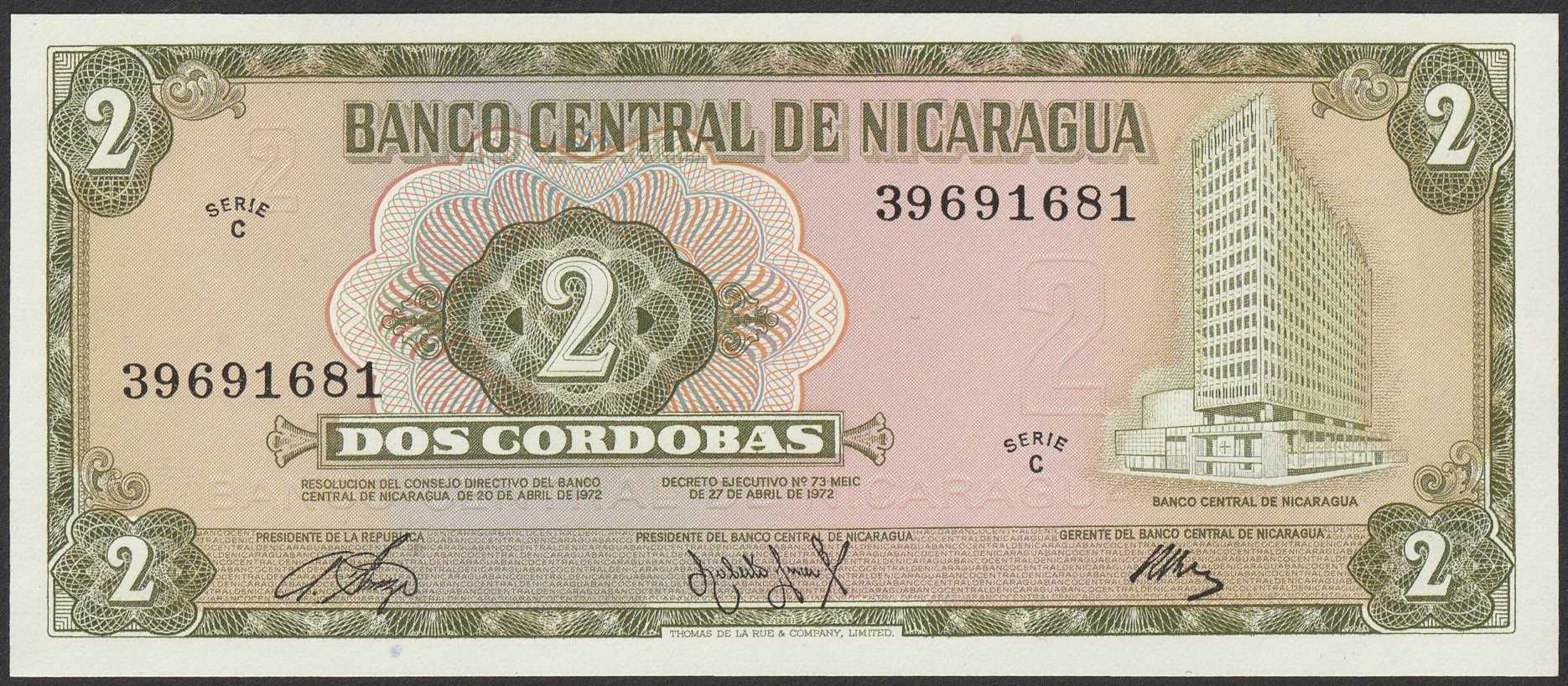 Nikaragua 2 cordobas 1972 - stan bankowy UNC