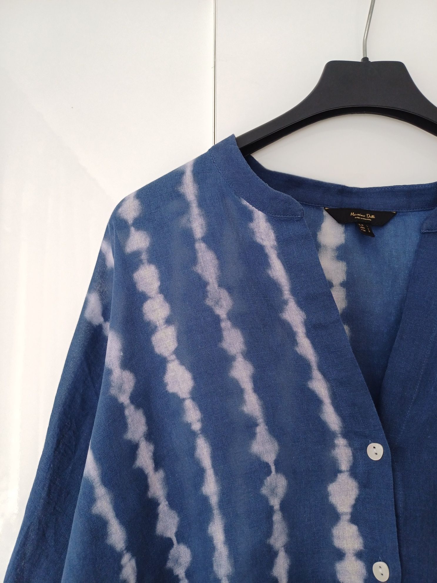 Massimo Dutti koszula oversize bawełna niebieska print rękaw 3/4