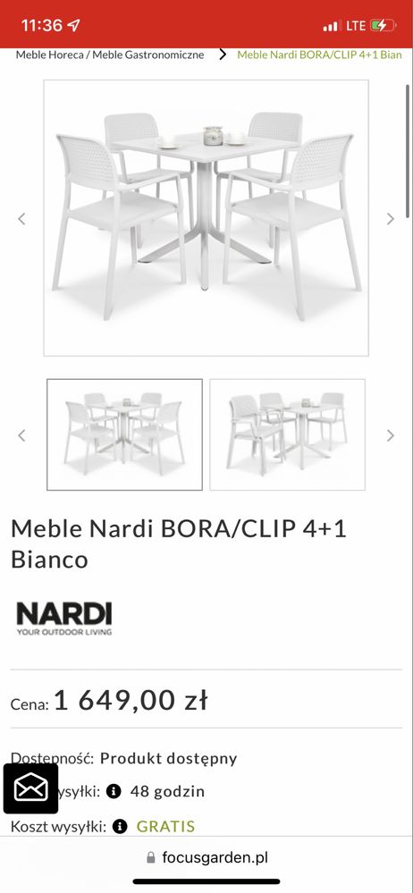 Meble ogrodowe Stół CLIP 70 bianco biały + 4 krzesła Bora nardi