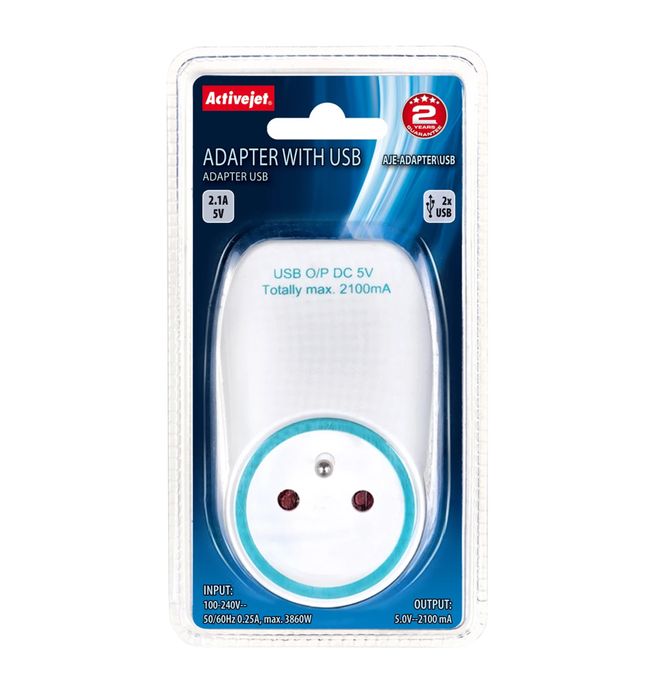 Activejet Adapter do gniazdka z 2 x USB