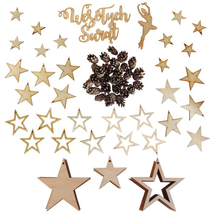 Bombki drewniane ozdoby choinkowe Zestaw Świąteczny Balerina Gwiazdki