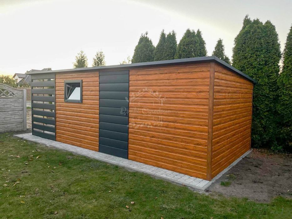 Domek ogrodowy 5x3,5m + wiata 1,5m jasny orzech  Dach spad w tył ID783