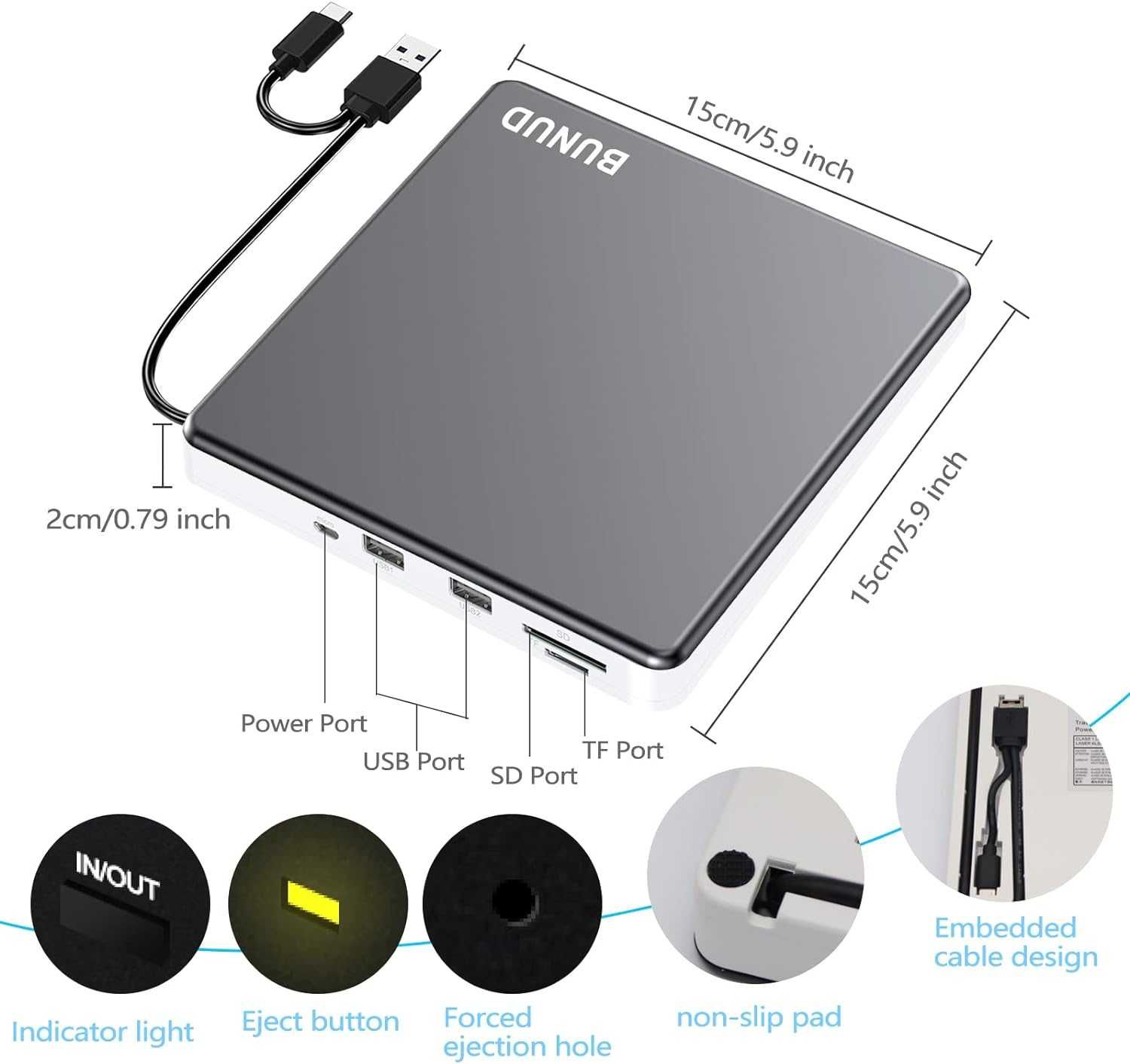 Zewnętrzny napęd CD DVD USB 3.0 typu C Slim BUNUD CT10