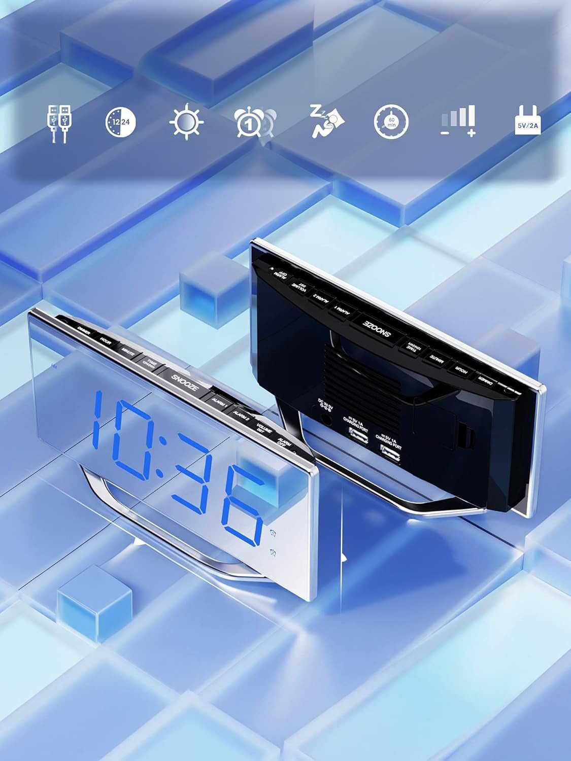Lustrzany Cyfrowy Budzik - 8,7'' wyświetlacz LED