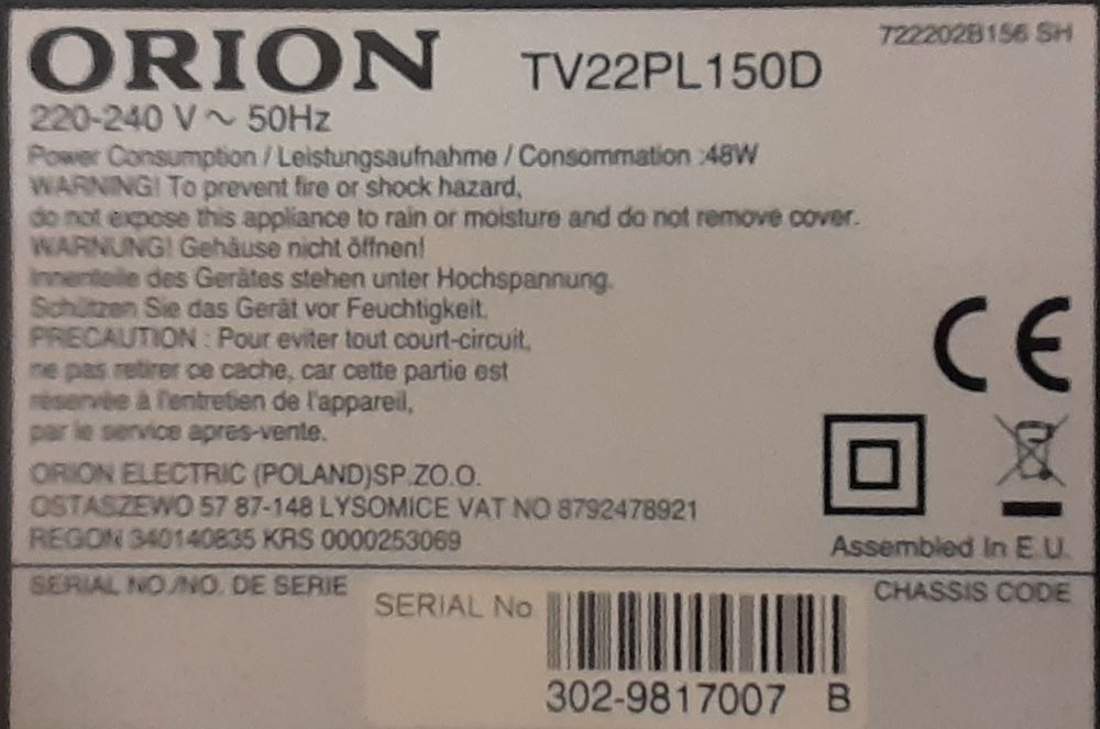 Telewizor Orion TV22PL150D Do zakładu karnego bez USB 22" cale cali
