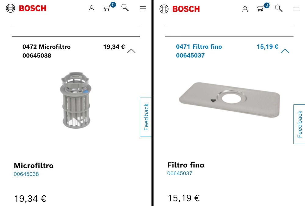 Peças máq loiça Bosch Siemens Balay - filtro e braços - vários preços