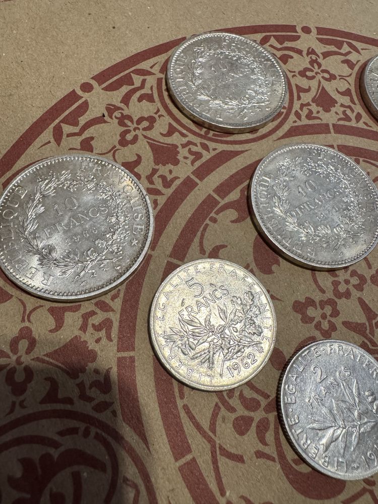 Монета серебро 1, 2, 5, 10 francs, франков, 1915-16, 1962, 1966-70